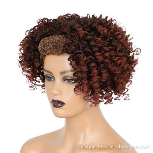Short red water wave cheap wholesale good kinky curly synthetic headband attached wig grip black women brazilian